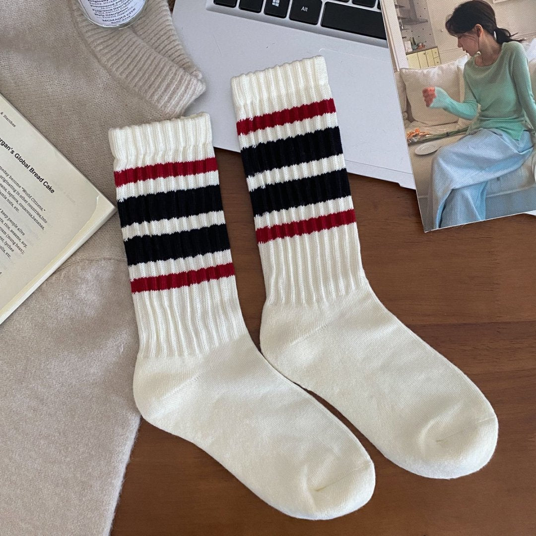 Varsity Stripe Ribbed Mid Calf Socks - Black_R - 1