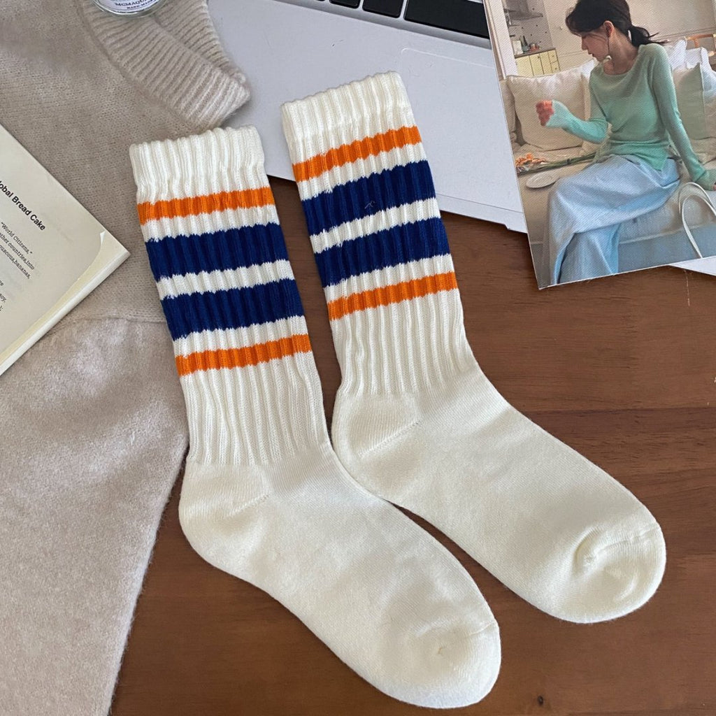 Varsity Stripe Ribbed Mid Calf Socks - Blue_O
