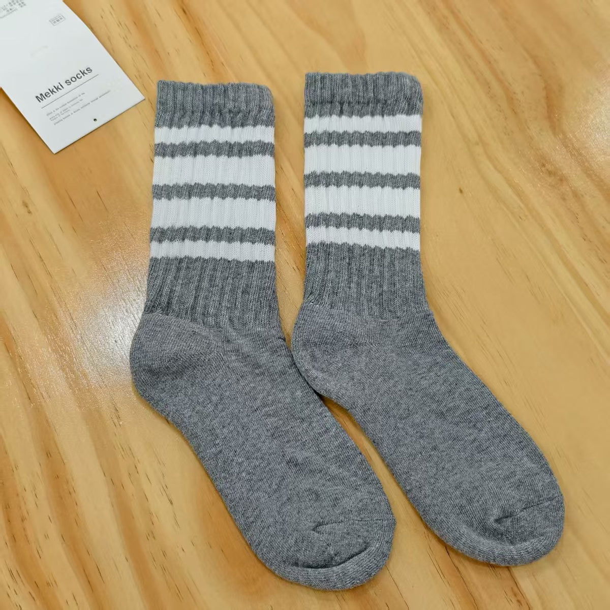 Varsity Stripe Ribbed Mid Calf Socks - Gray