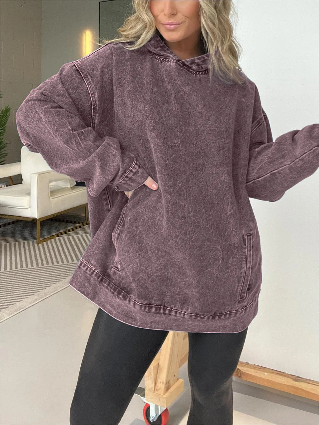 Mineral Wash Oversized Kangaroo Pocket Hoodie - Flint