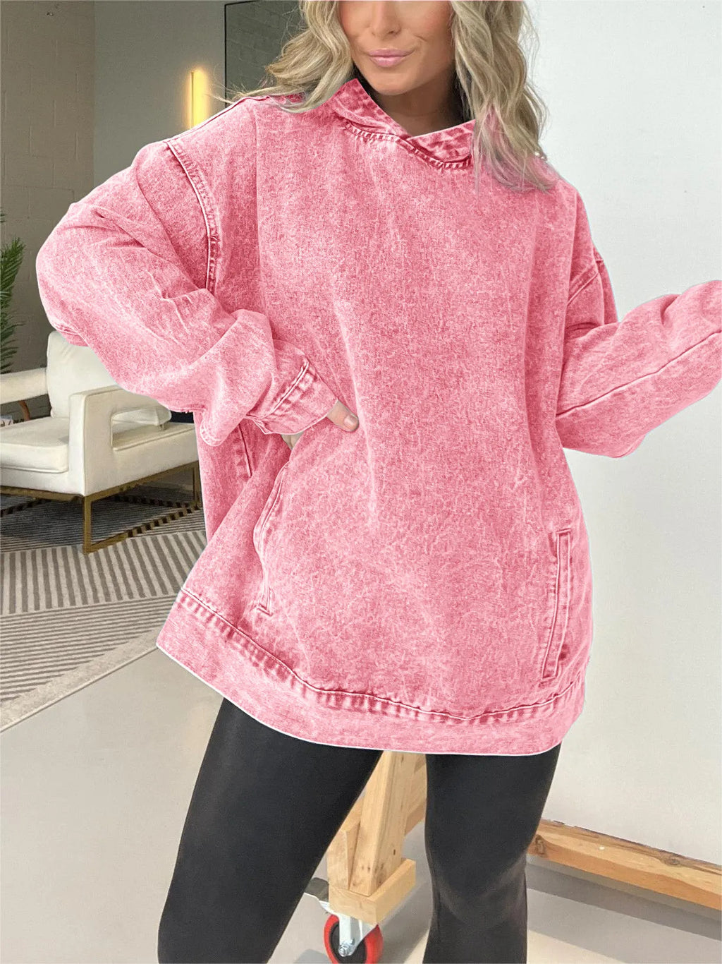 Mineral Wash Oversized Kangaroo Pocket Hoodie - Pink