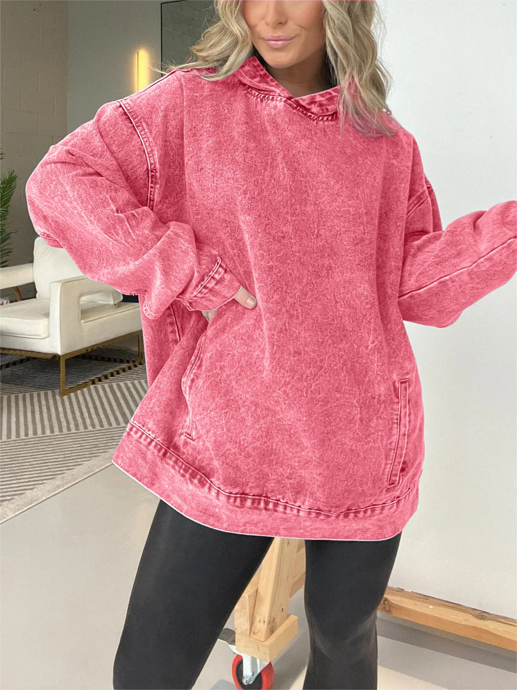 Mineral Wash Oversized Kangaroo Pocket Hoodie - Red