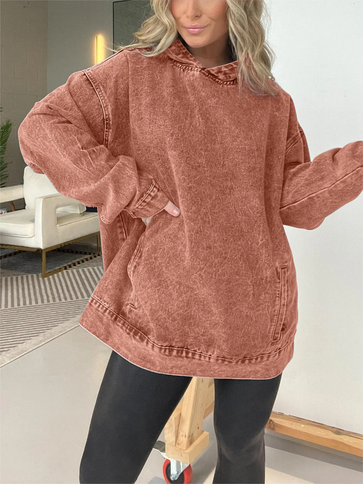 Mineral Wash Oversized Kangaroo Pocket Hoodie - Rust