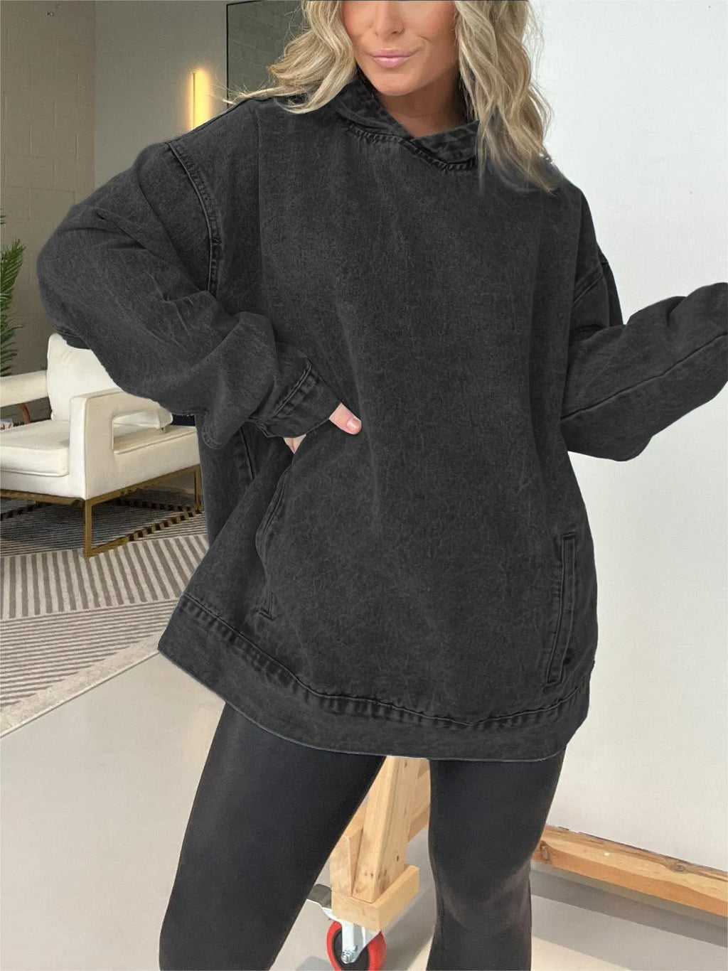 Mineral Wash Oversized Kangaroo Pocket Hoodie - black