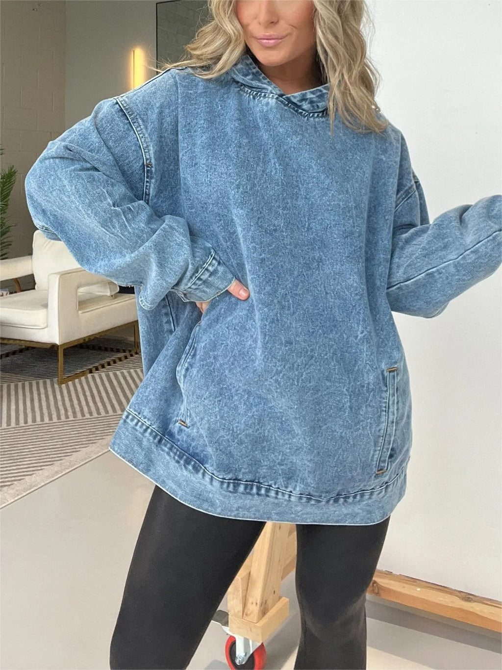 Mineral Wash Oversized Kangaroo Pocket Hoodie - blue