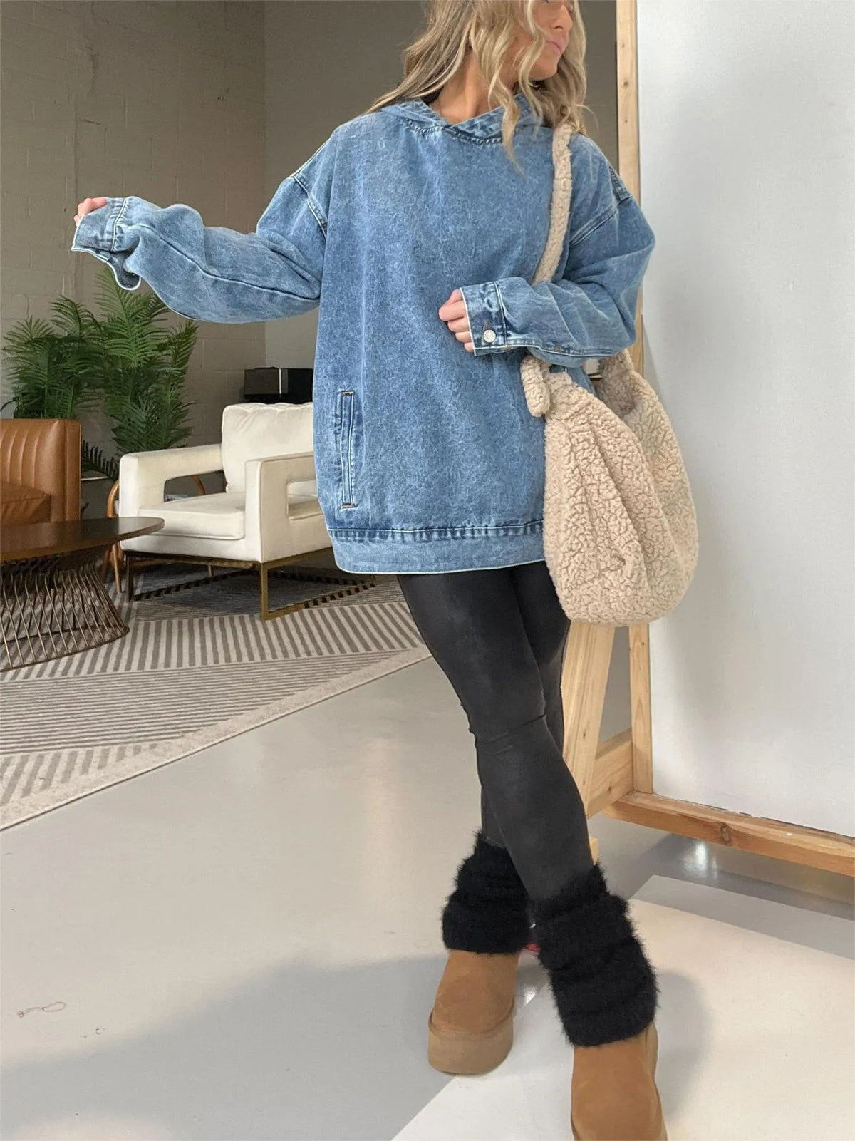 Mineral Wash Oversized Kangaroo Pocket Hoodie - blue - 3