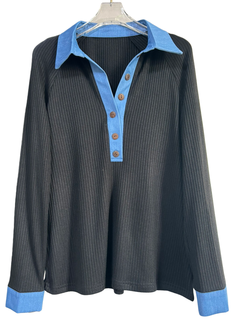 Rib Knit Half Button Denim Collar Top