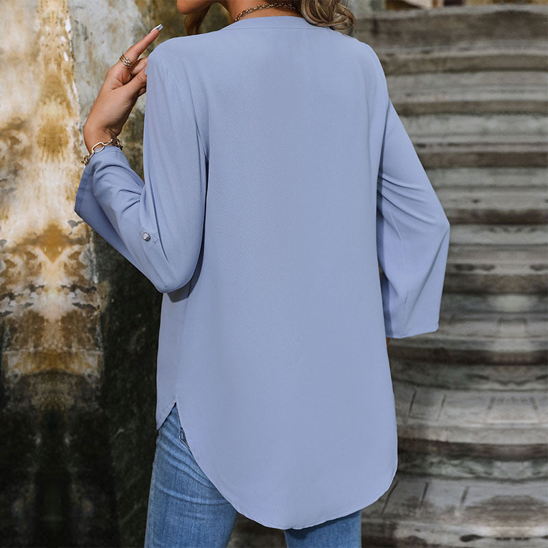 V Neck Button Roll Sleeve Shirt - Blue - 3