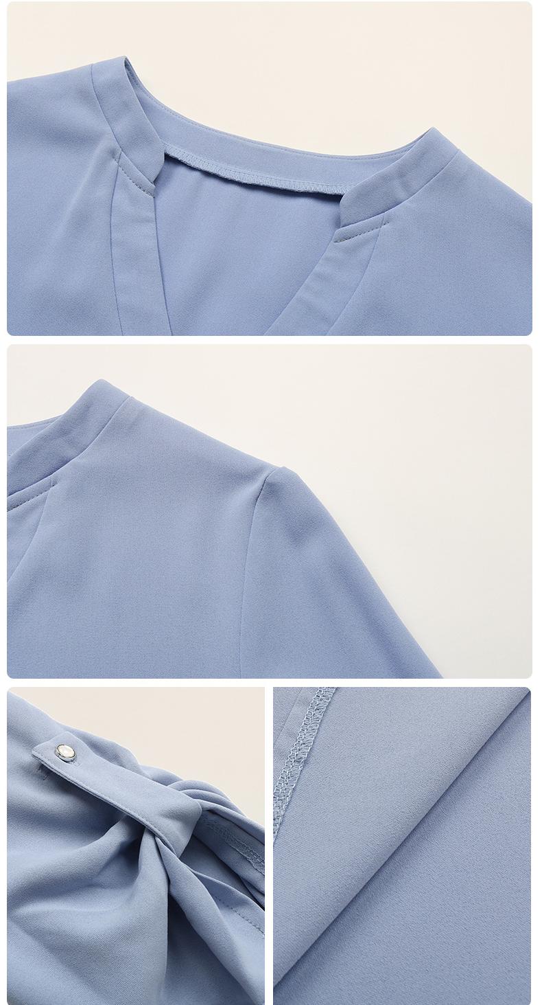 V Neck Button Roll Sleeve Shirt - Blue - 4
