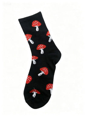 Mushroom Print Ribbed Crew Socks - Black