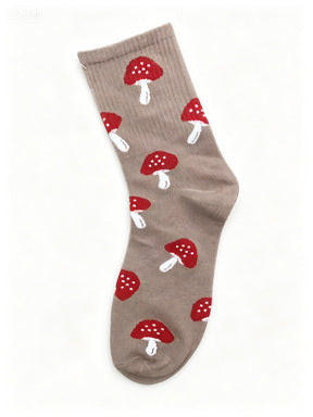 Mushroom Print Ribbed Crew Socks - Brown