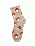Mushroom Print Ribbed Crew Socks - Khaki