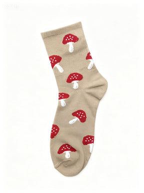 Mushroom Print Ribbed Crew Socks - Khaki