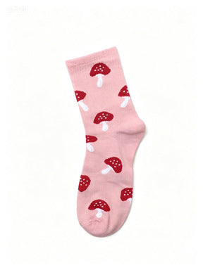Mushroom Print Ribbed Crew Socks - Pink