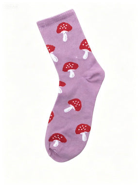 Mushroom Print Ribbed Crew Socks - Purple - 1
