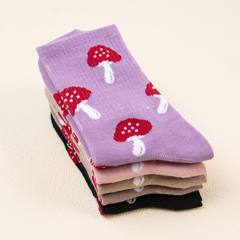 Mushroom Print Ribbed Crew Socks - Purple - 2
