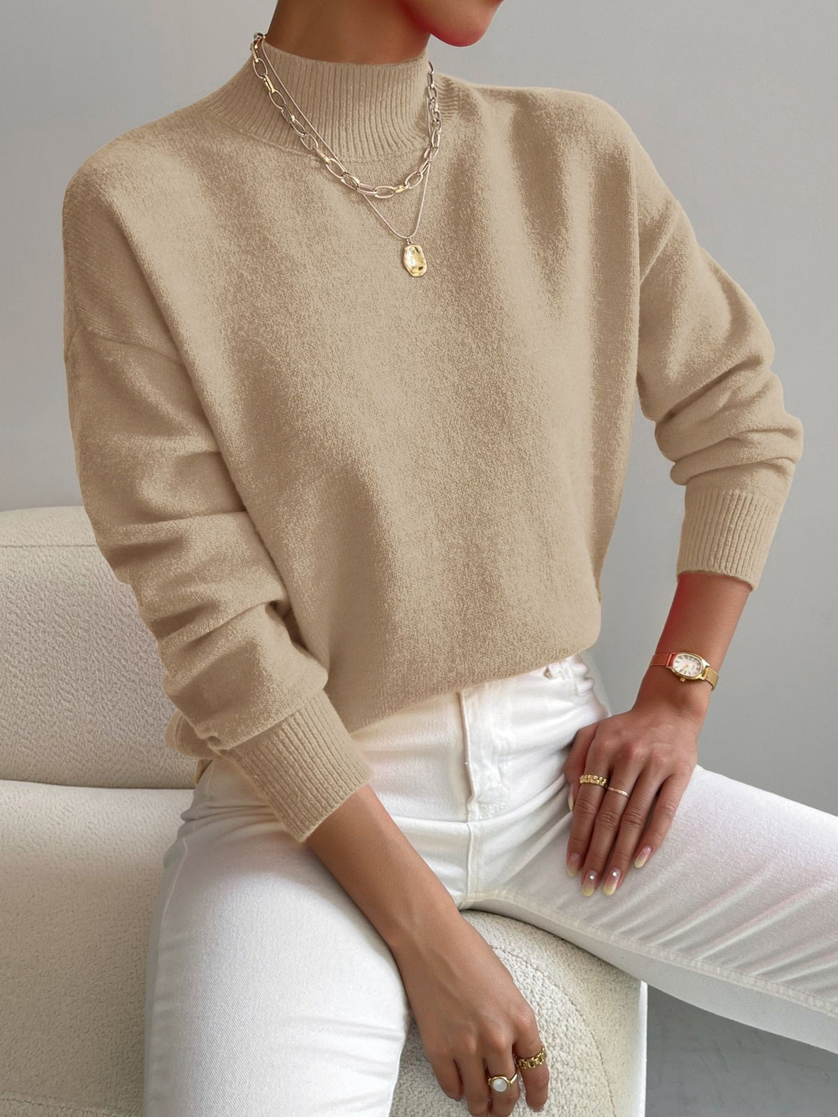 Soft Mock Neck Relaxed Knit Sweater - Apricot