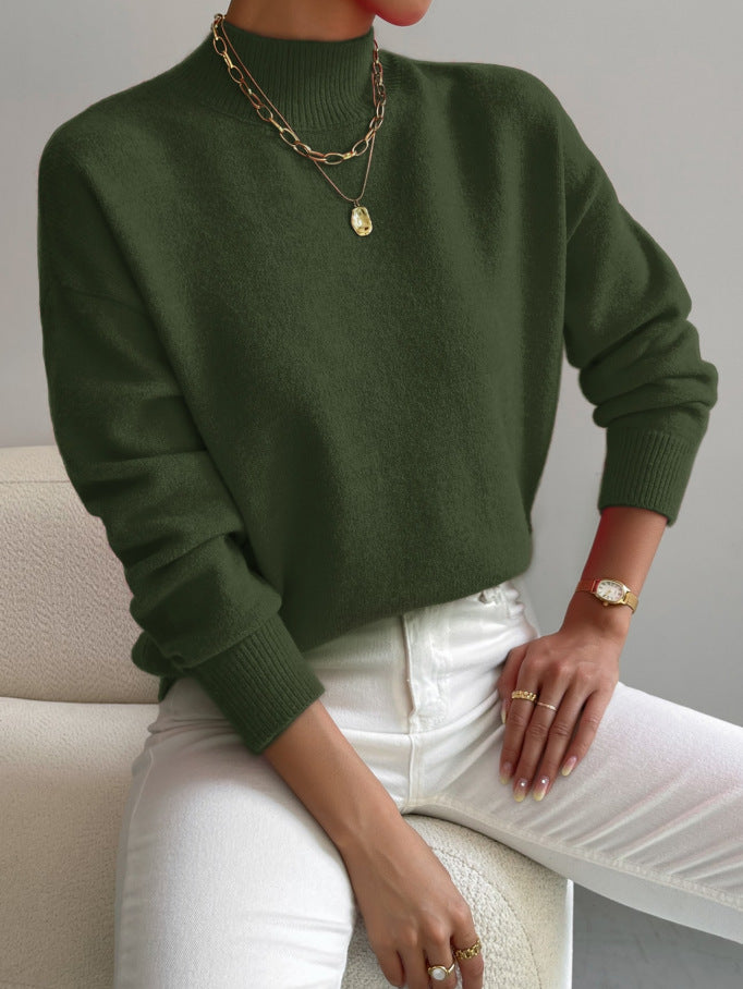 Soft Mock Neck Relaxed Knit Sweater - ArmyGreen