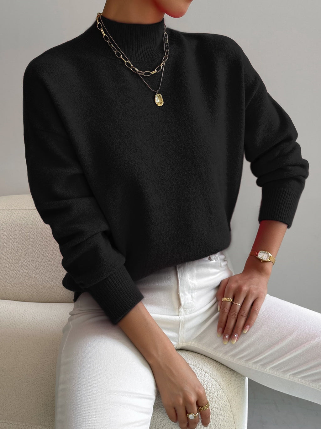 Soft Mock Neck Relaxed Knit Sweater - Black