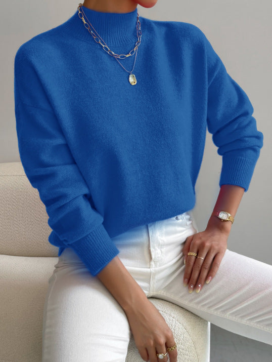 Soft Mock Neck Relaxed Knit Sweater - Blue