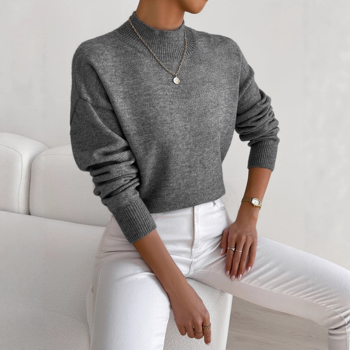 Soft Mock Neck Relaxed Knit Sweater - DarkGray