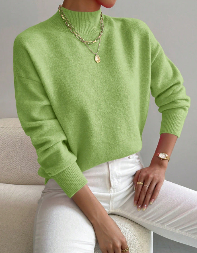 Soft Mock Neck Relaxed Knit Sweater - Green
