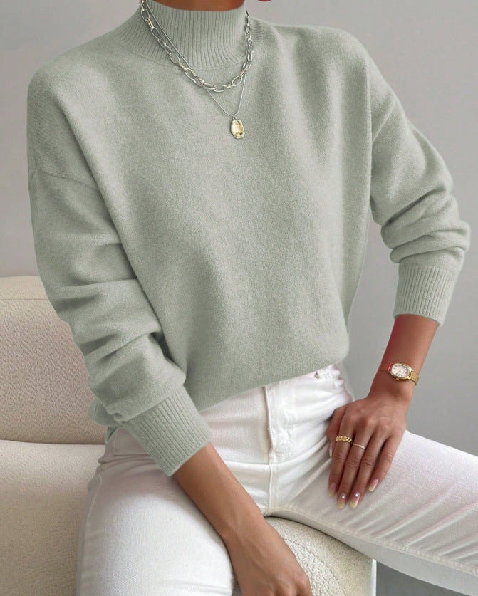 Soft Mock Neck Relaxed Knit Sweater - LightGray