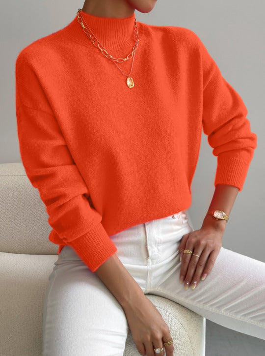 Soft Mock Neck Relaxed Knit Sweater - Orange