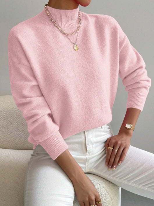 Soft Mock Neck Relaxed Knit Sweater - Pink