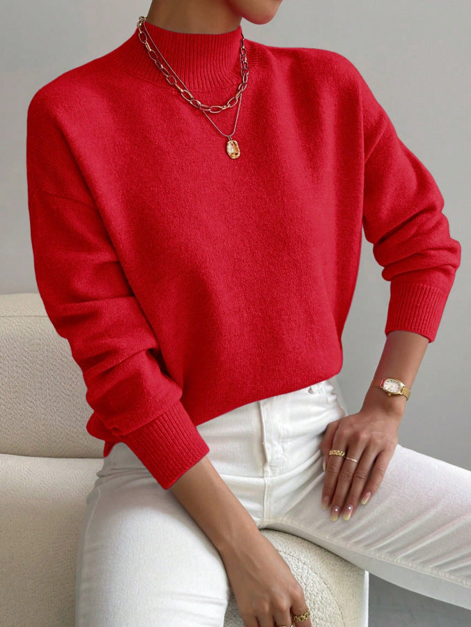 Soft Mock Neck Relaxed Knit Sweater - Red