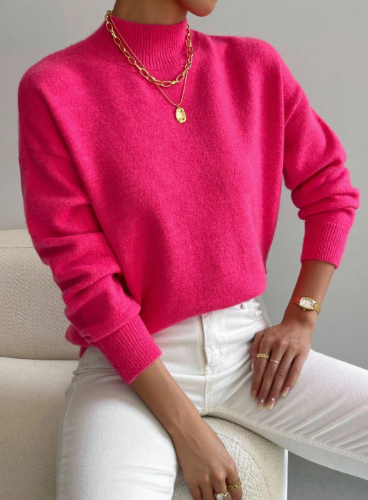 Soft Mock Neck Relaxed Knit Sweater - Rose