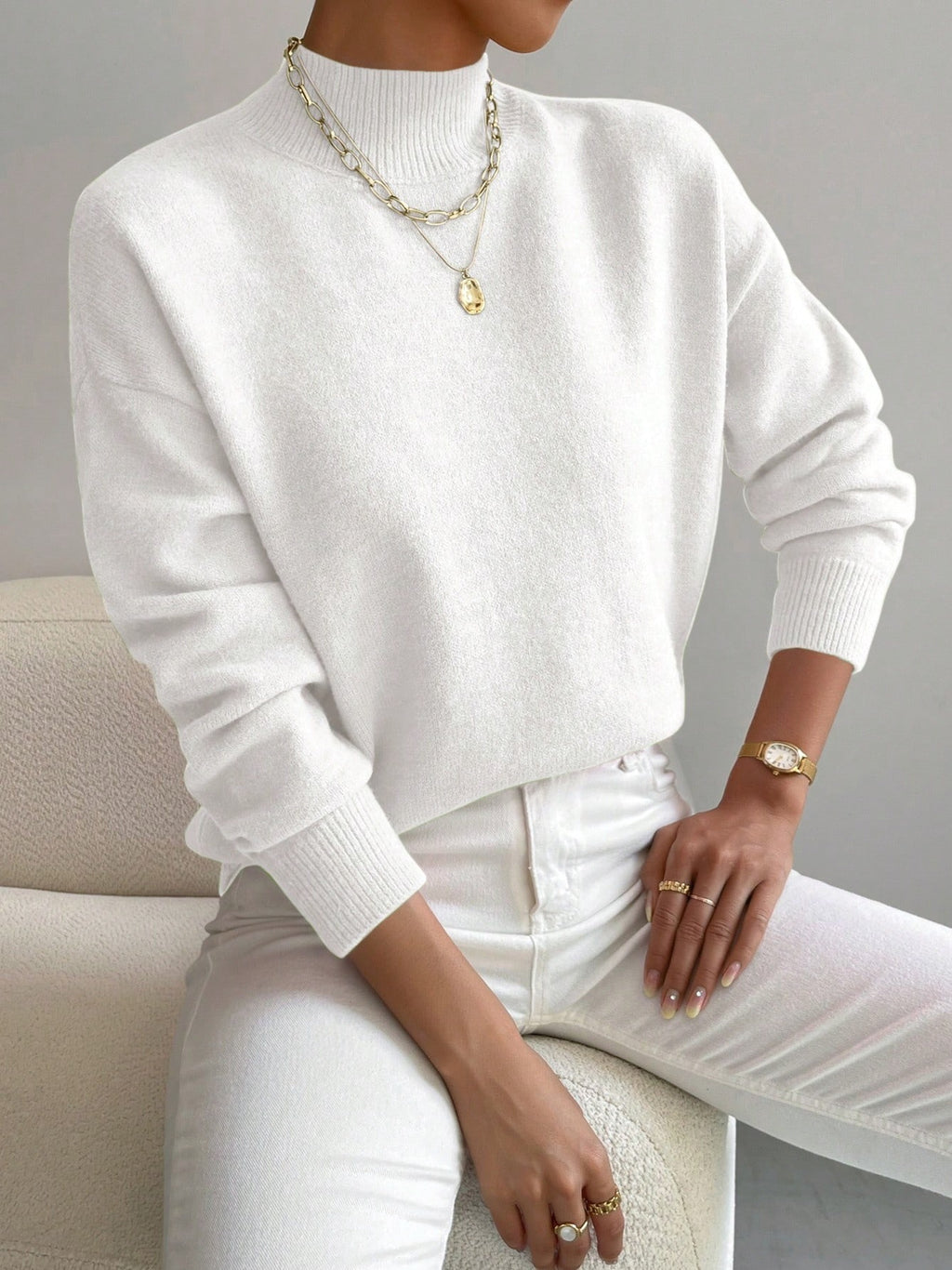 Soft Mock Neck Relaxed Knit Sweater - White