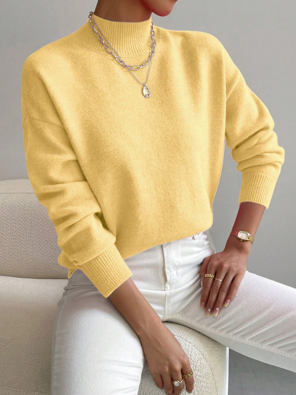 Soft Mock Neck Relaxed Knit Sweater - Yellow