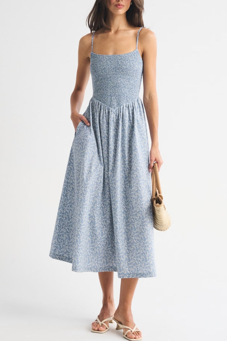 Smocked Bodice Drop Waist Midi Sundress - Blue