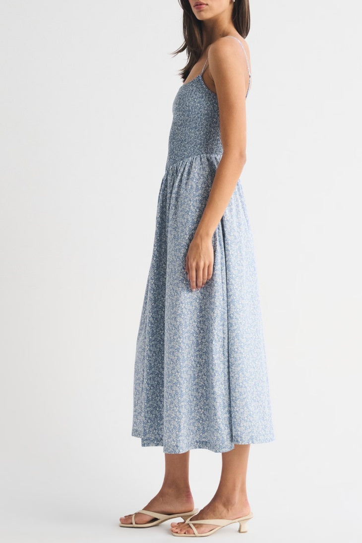 Smocked Bodice Drop Waist Midi Sundress - Blue - 2