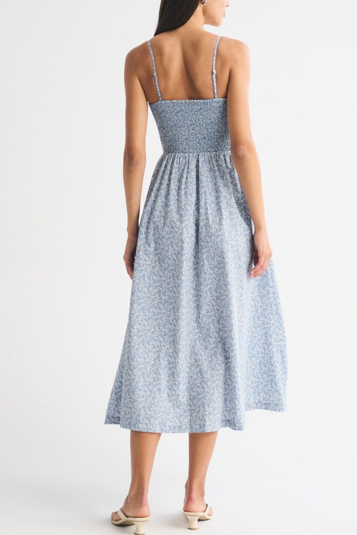 Smocked Bodice Drop Waist Midi Sundress - Blue - 3