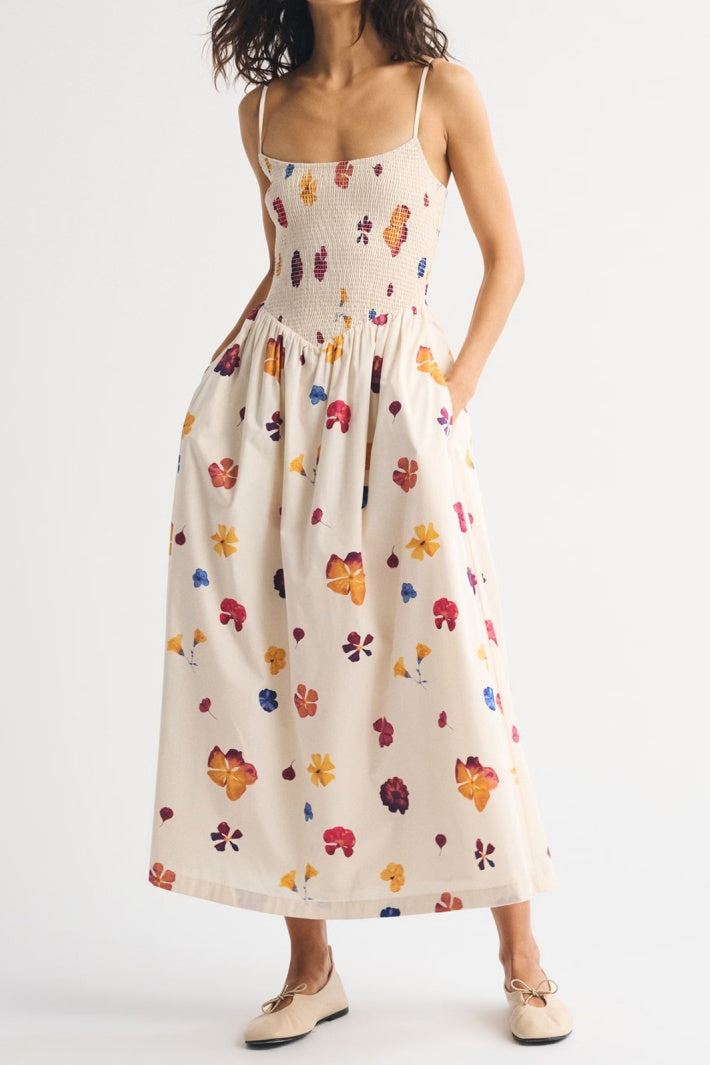Smocked Bodice Drop Waist Midi Sundress - Flower