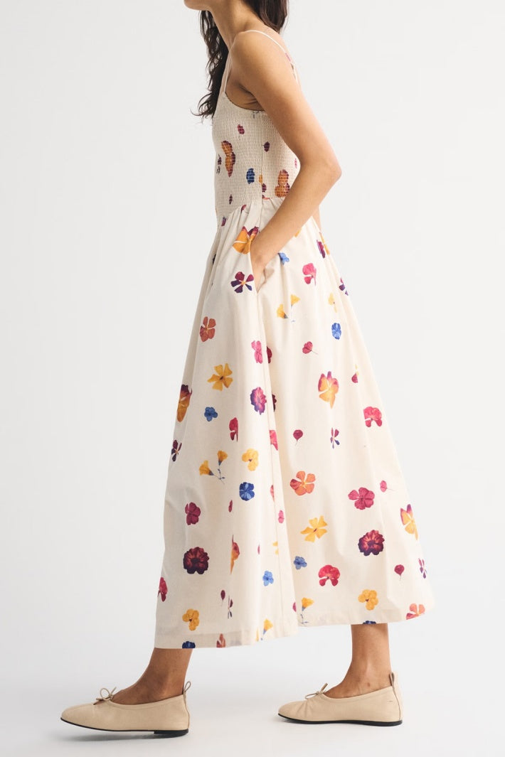 Smocked Bodice Drop Waist Midi Sundress - Flower - 1
