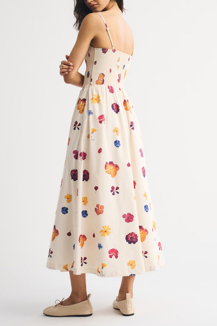 Smocked Bodice Drop Waist Midi Sundress - Flower - 3