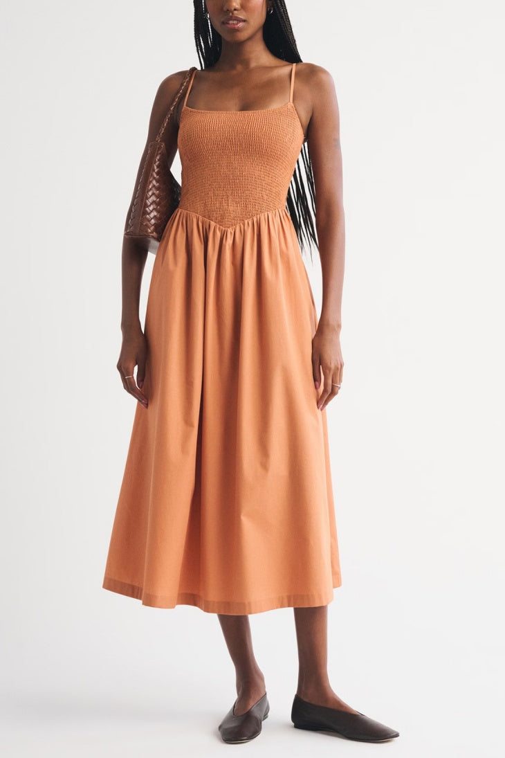 Smocked Bodice Drop Waist Midi Sundress - Orange