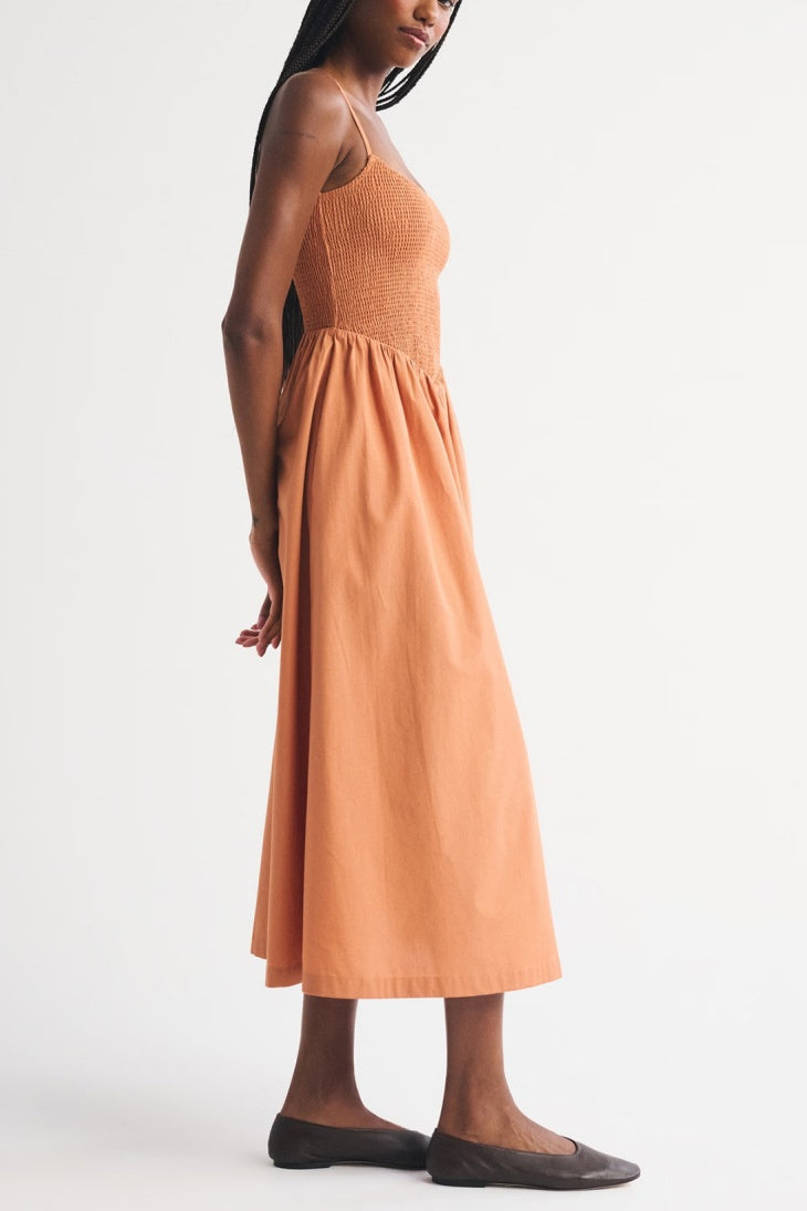 Smocked Bodice Drop Waist Midi Sundress - Orange - 1