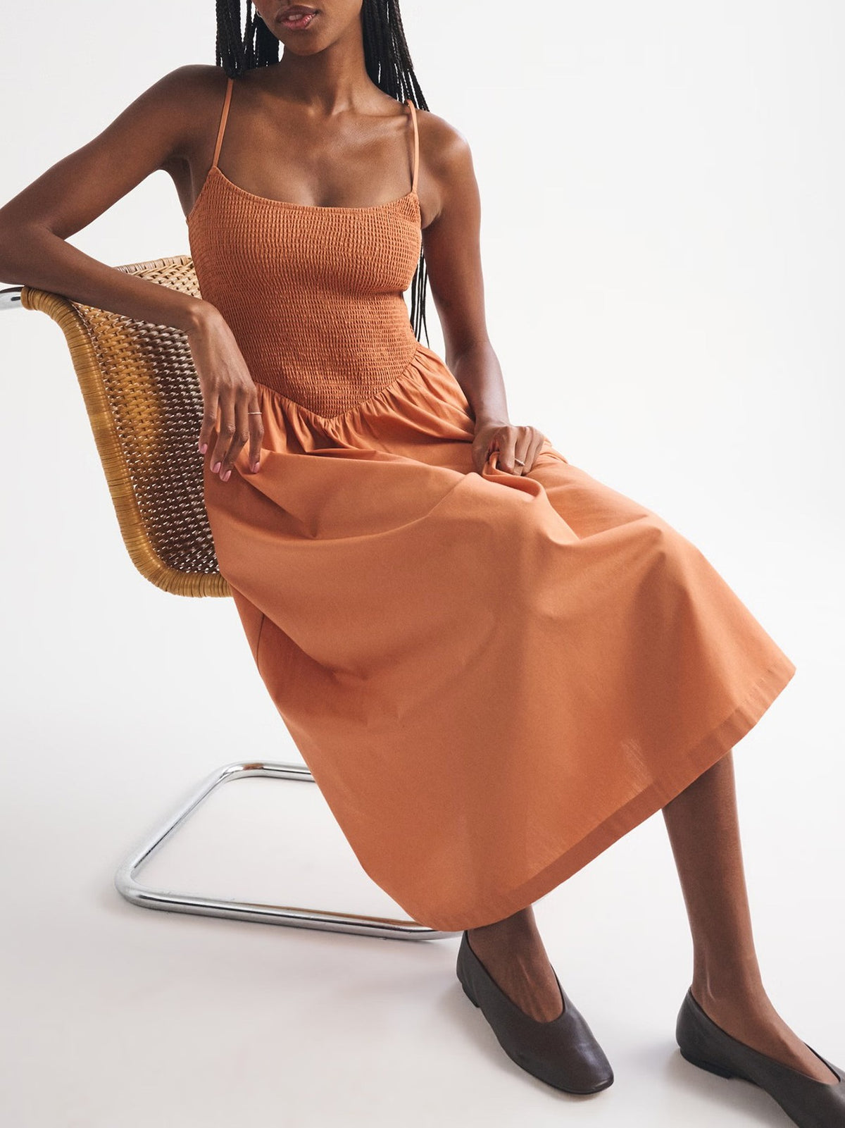 Smocked Bodice Drop Waist Midi Sundress - Orange - 3