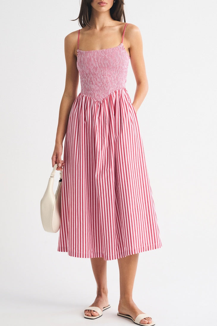 Smocked Bodice Drop Waist Midi Sundress - Pink