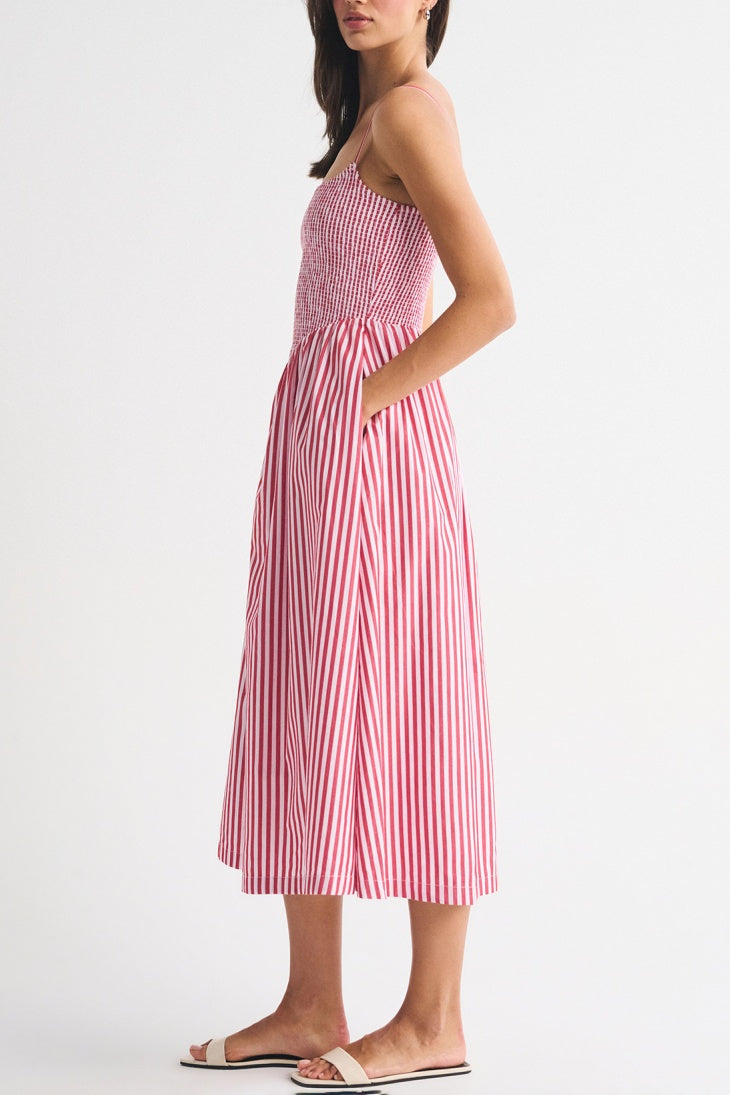Smocked Bodice Drop Waist Midi Sundress - Pink - 2