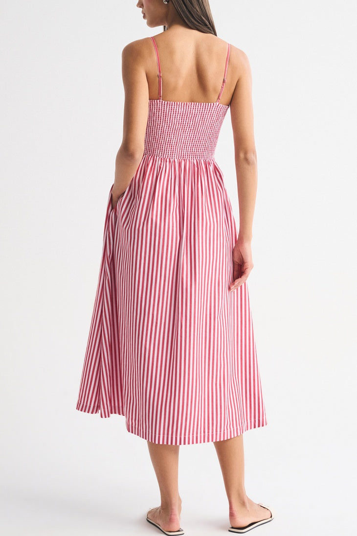 Smocked Bodice Drop Waist Midi Sundress - Pink - 3