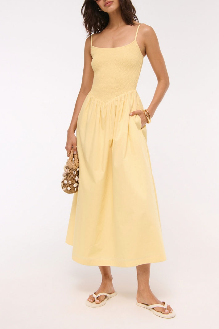 Smocked Bodice Drop Waist Midi Sundress - Yellow