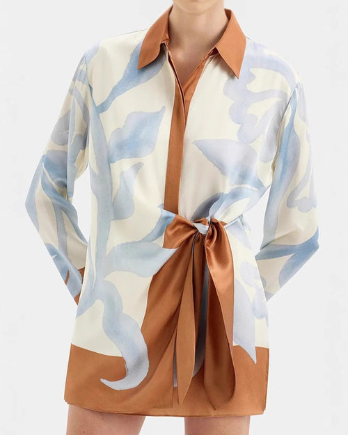 Abstract Print Knotted Shirt Mini Dress - Blue