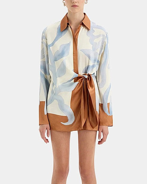 Abstract Print Knotted Shirt Mini Dress - Blue - 1