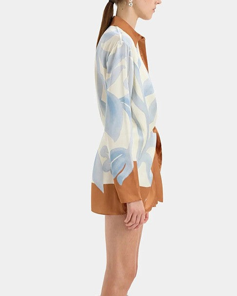 Abstract Print Knotted Shirt Mini Dress - Blue - 2