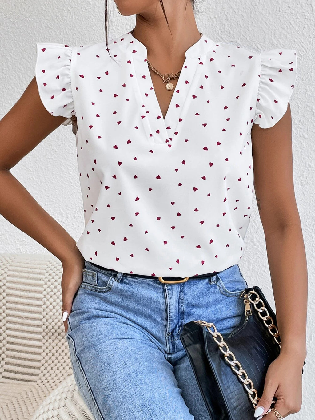 Polka Dot Ruffle Sleeve Notch Neck Blouse - view 2